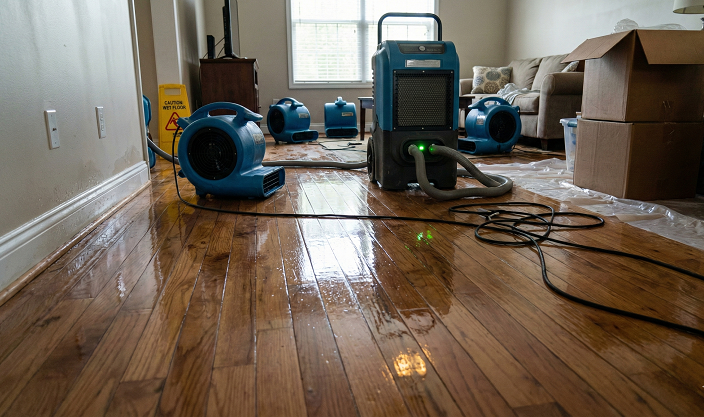 Water extraction equipment drying a flooded floor